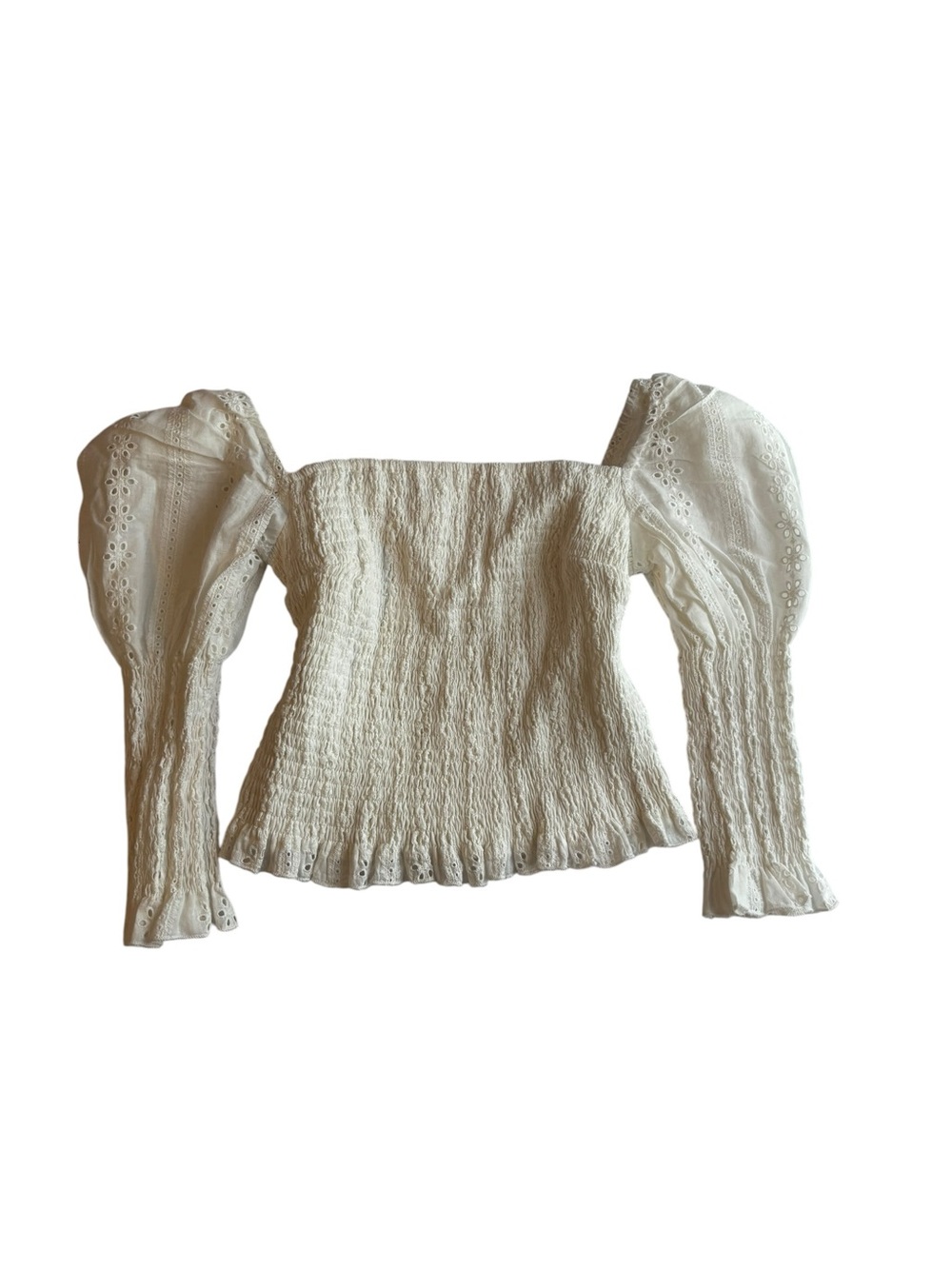 Smocked Square-Neck Eyelet Puff Sleeve Blouse — White - Picture 4 of 11
